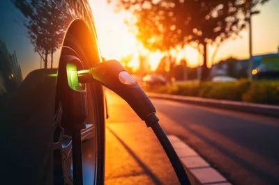 Electric Vehicle Charging At Sunset