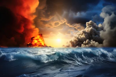Volcanic Eruption With Fire And Ash Clouds Over Ocean