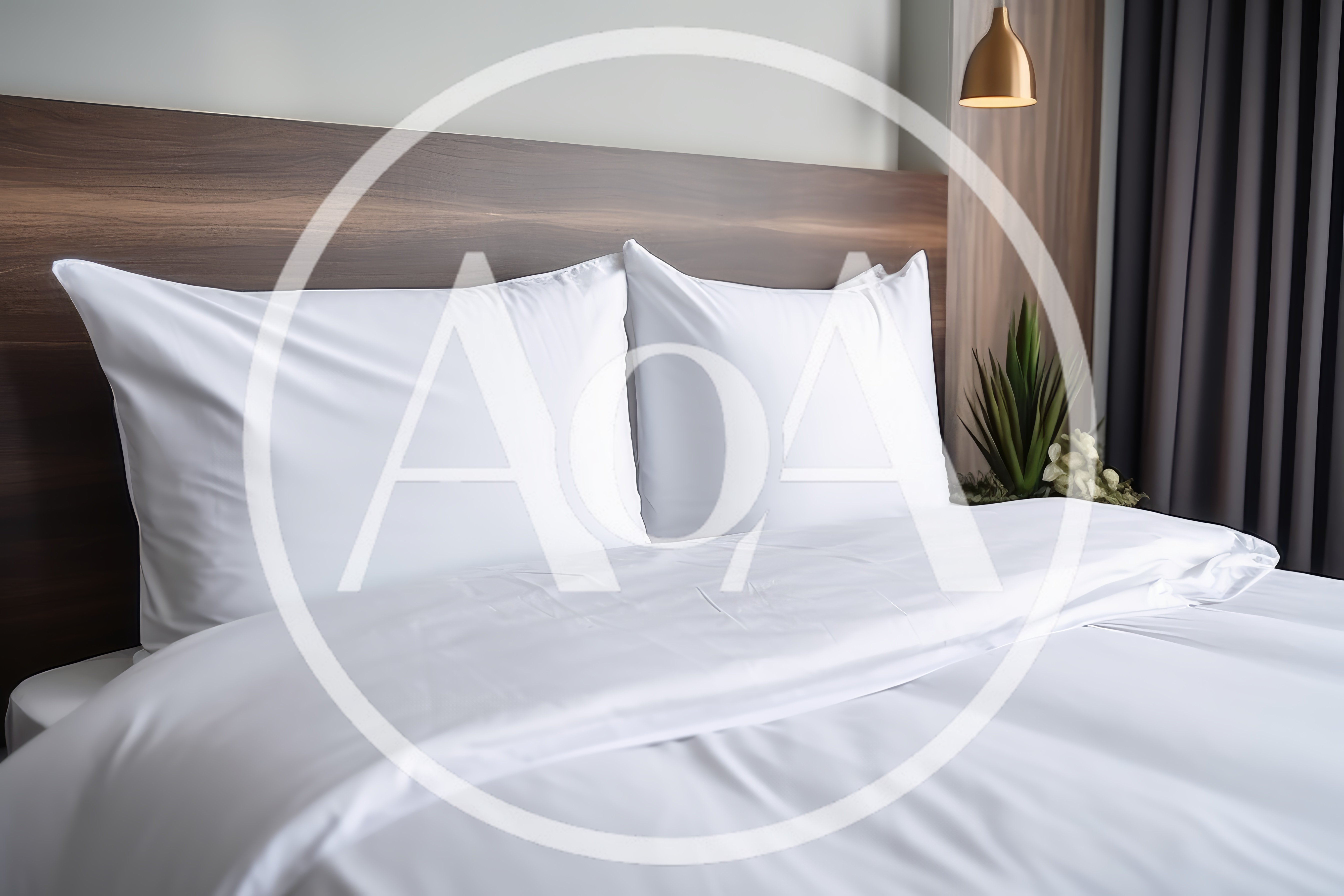 Modern Hotel Bedroom With White Bedding And Wooden Headboard