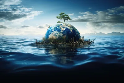Surreal Earth Globe Floating In The Ocean