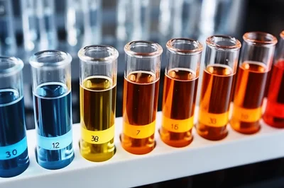 Laboratory Test Tubes With Colored Chemical Solutions