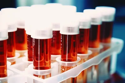 Laboratory Test Tubes Filled With Red Liquid Samples