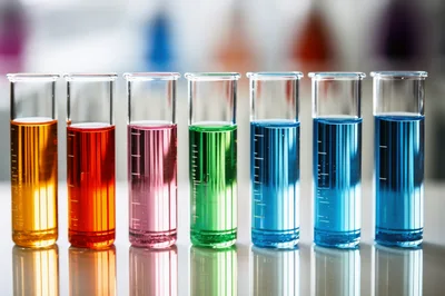 Seven Glass Test Tubes With Colorful Chemical Liquids