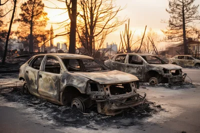 Burnt Out Vehicles In The Aftermath Of A Wildfire