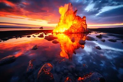 Burning Iceberg Reflection On A Volcanic Beach