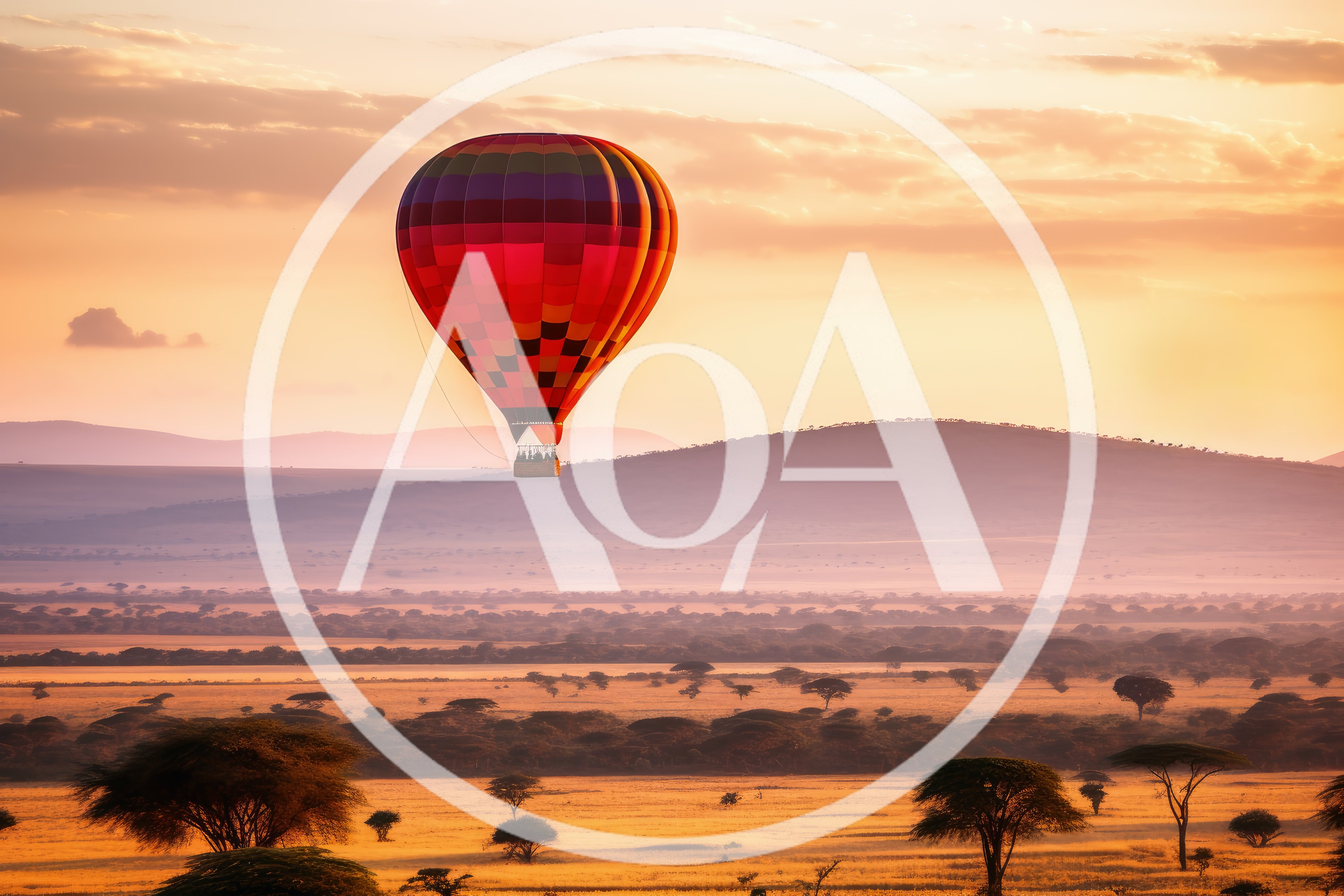 Hot Air Balloon Flying Over African Savannah At Sunrise