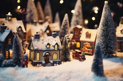 Miniature Christmas Village Scene With Snow Covered Houses