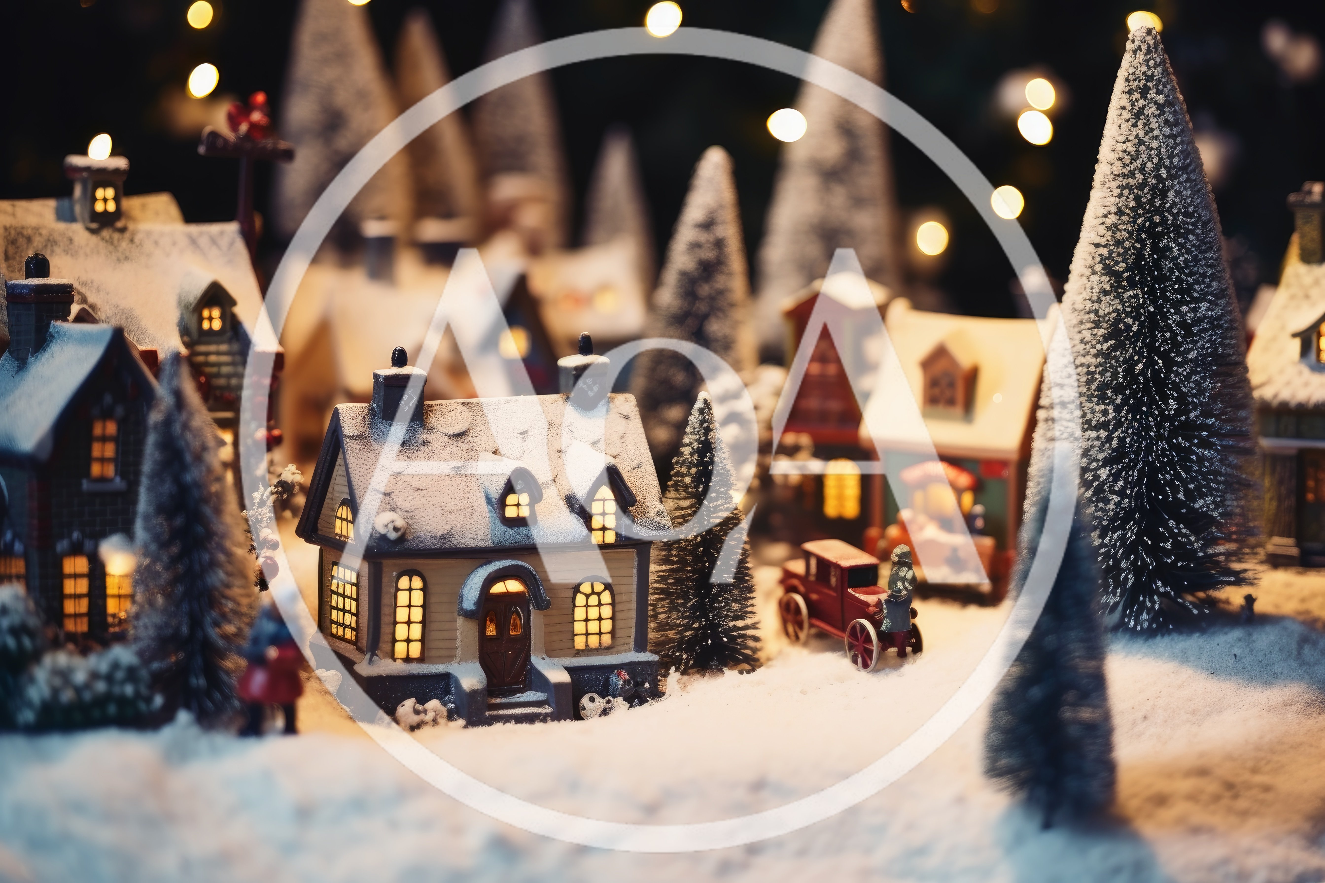 Miniature Christmas Village Scene With Snow Covered Houses