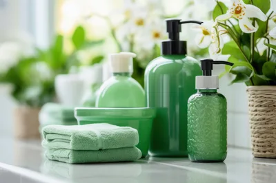 Green Bathroom Accessories and Toiletries on Countertop