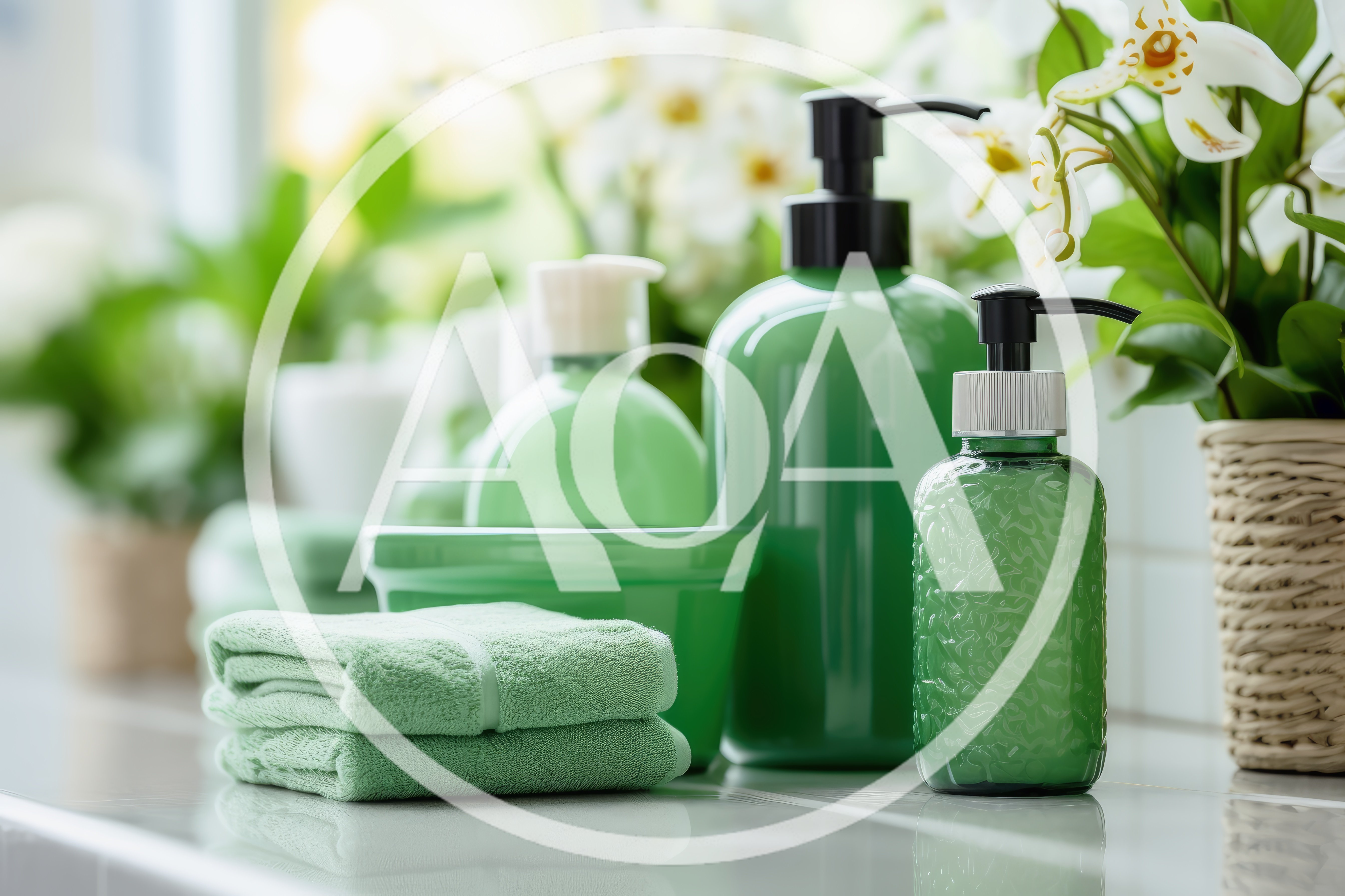 Green Bathroom Accessories and Toiletries on Countertop