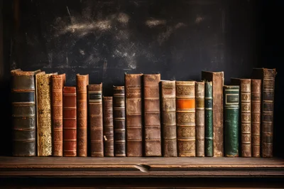 Row Of Antique Leather Bound Books On Wooden Shelf