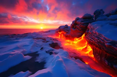 Molten Lava Flowing Through Snowy Arctic Landscape