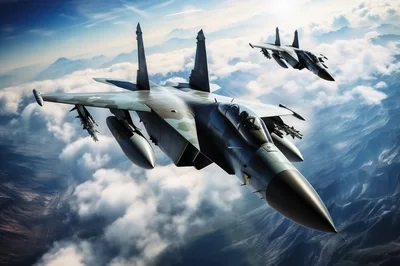 Two Fighter Jets Flying Over Mountain Clouds