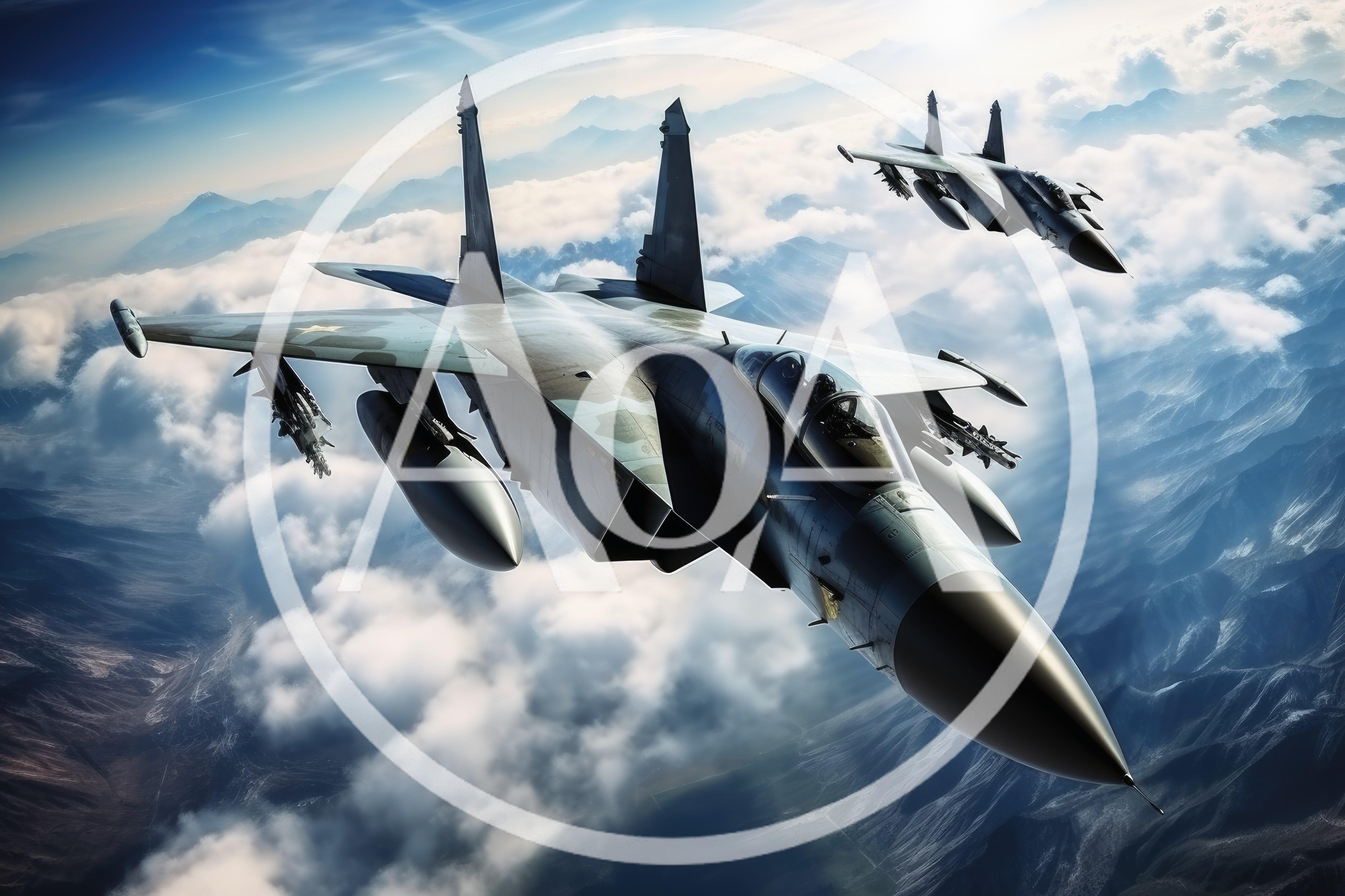 Two Fighter Jets Flying Over Mountain Clouds