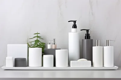 Minimalist Bathroom Toiletries Set On Marble Countertop