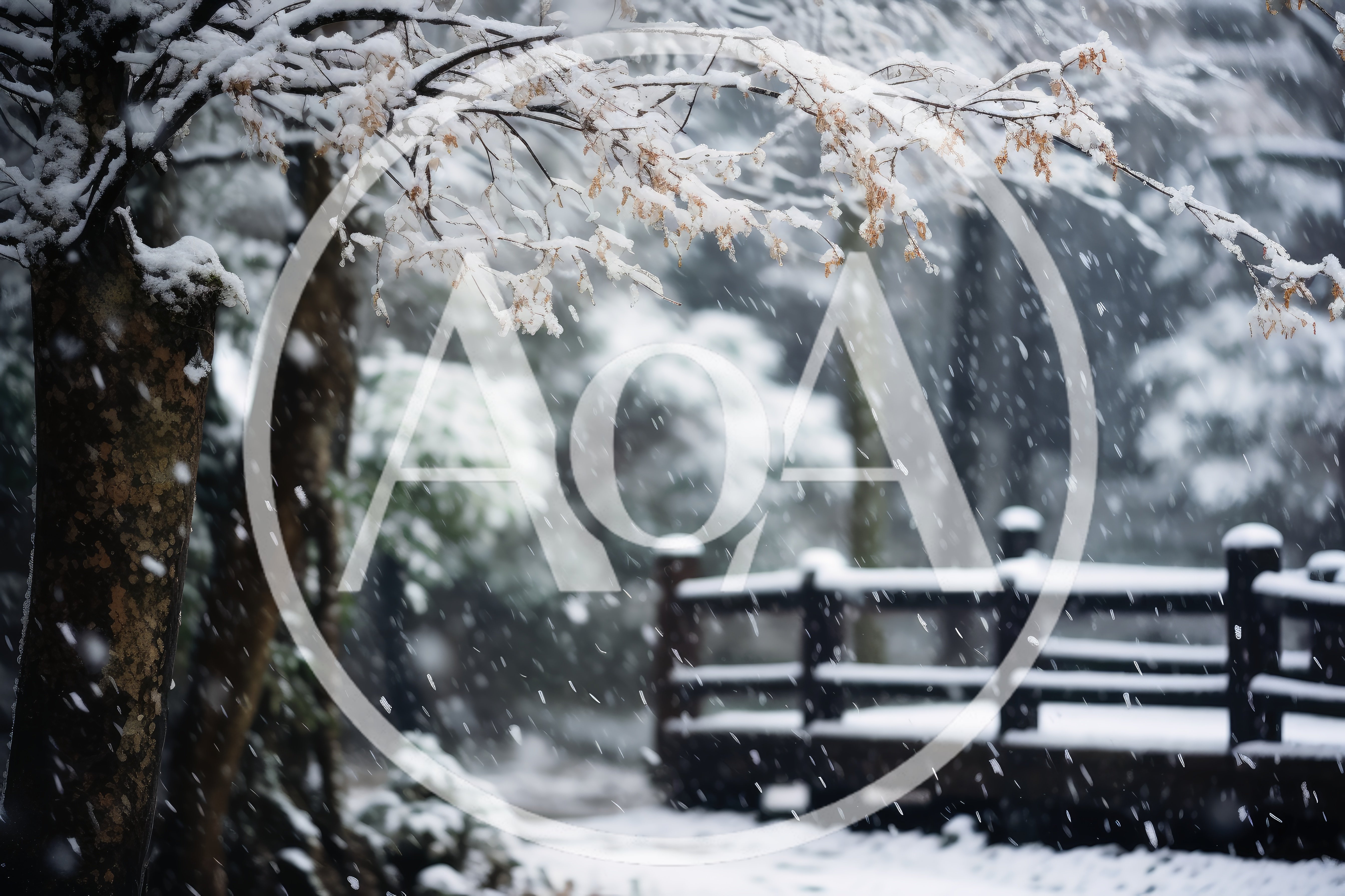 Snow Falling Over A Wooden Bridge In Winter