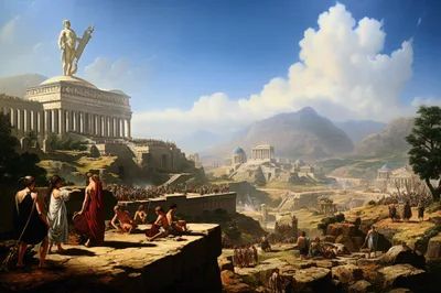 Ancient Greek Cityscape With Classical Architecture And Statues