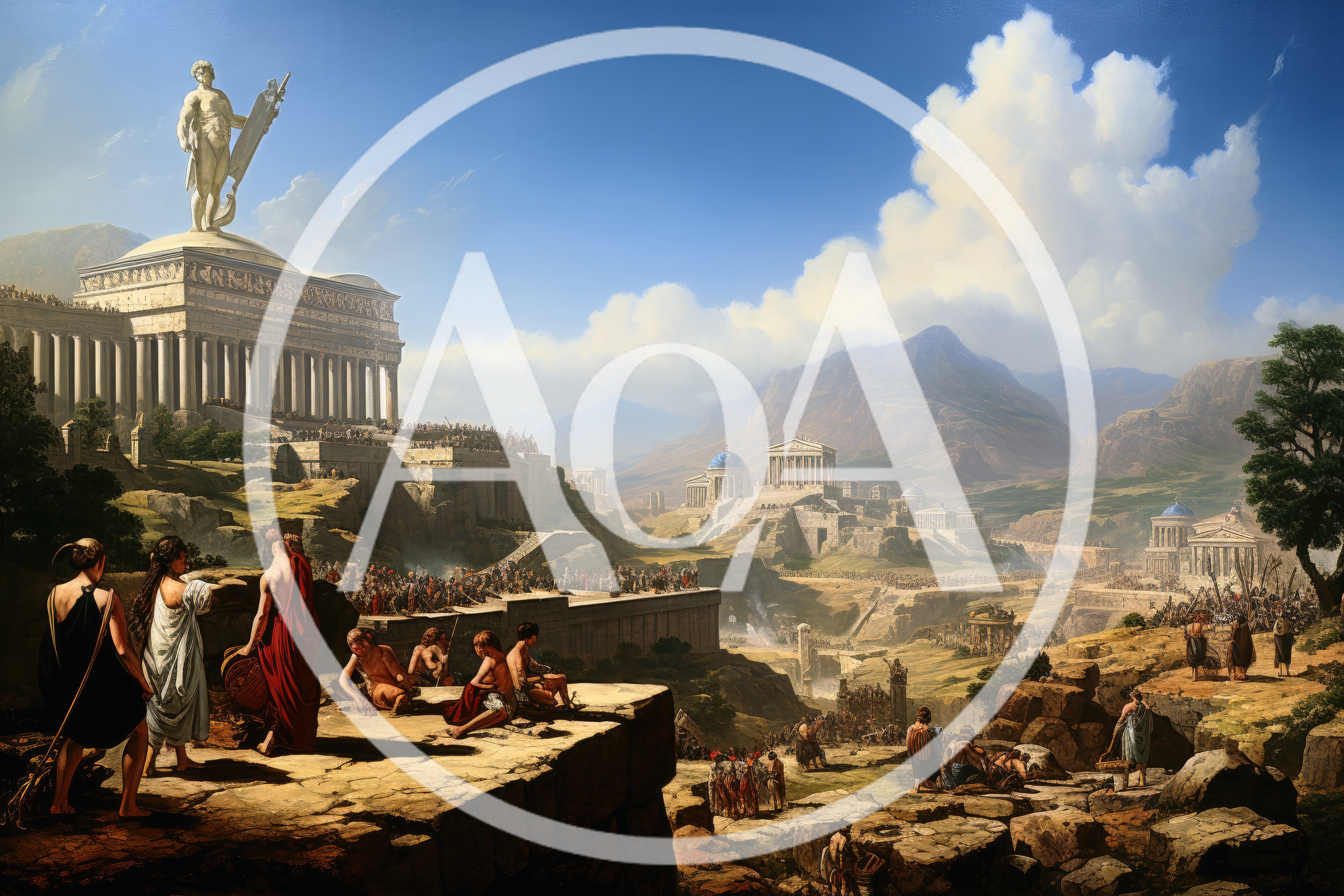 Ancient Greek Cityscape With Classical Architecture And Statues