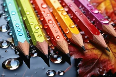 Colorful Pencils With Water Droplets On Autumn Leaves