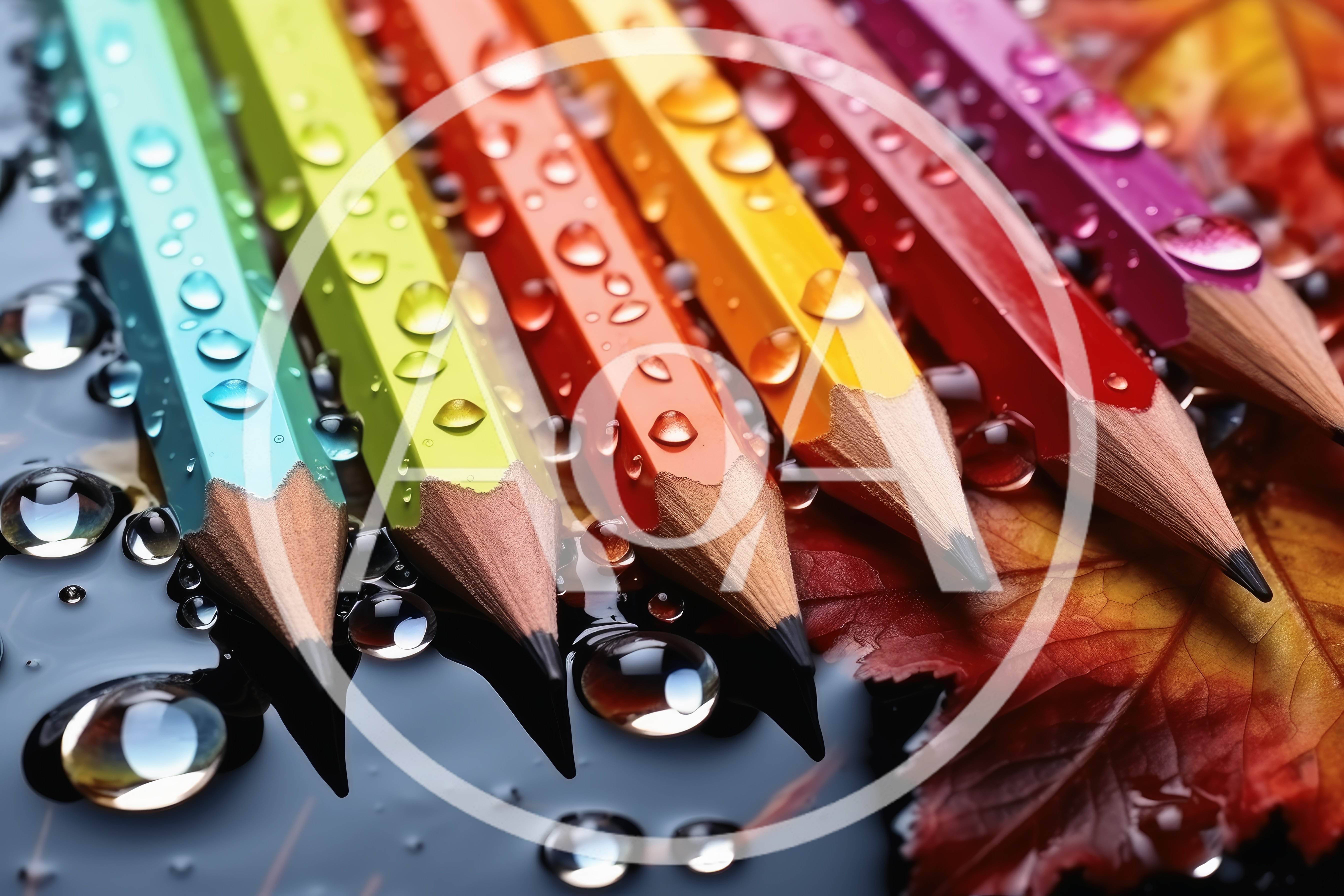 Colorful Pencils With Water Droplets On Autumn Leaves