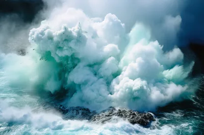 Powerful Ocean Wave Crashing Against Rocky Shoreline