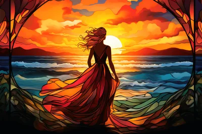 Stained Glass Style Woman Standing By The Ocean