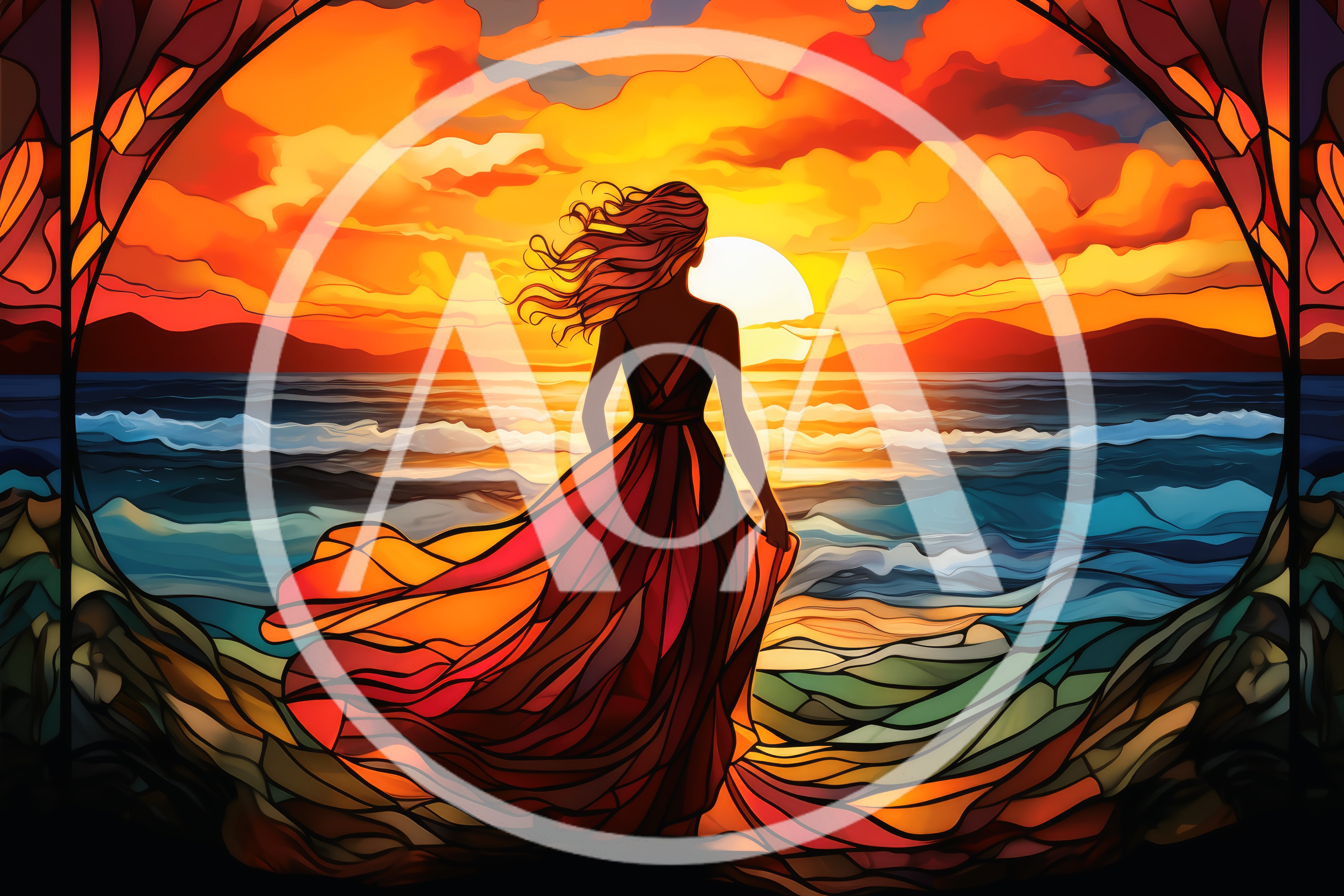 Stained Glass Style Woman Standing By The Ocean