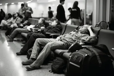 Travelers Sleeping In Airport Terminal Waiting Area