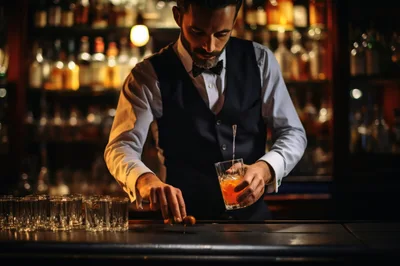 Professional Bartender Preparing A Cocktail In A Dimly Lit Bar
