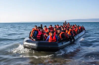 Refugees Traveling In An Inflatable Boat On The Sea