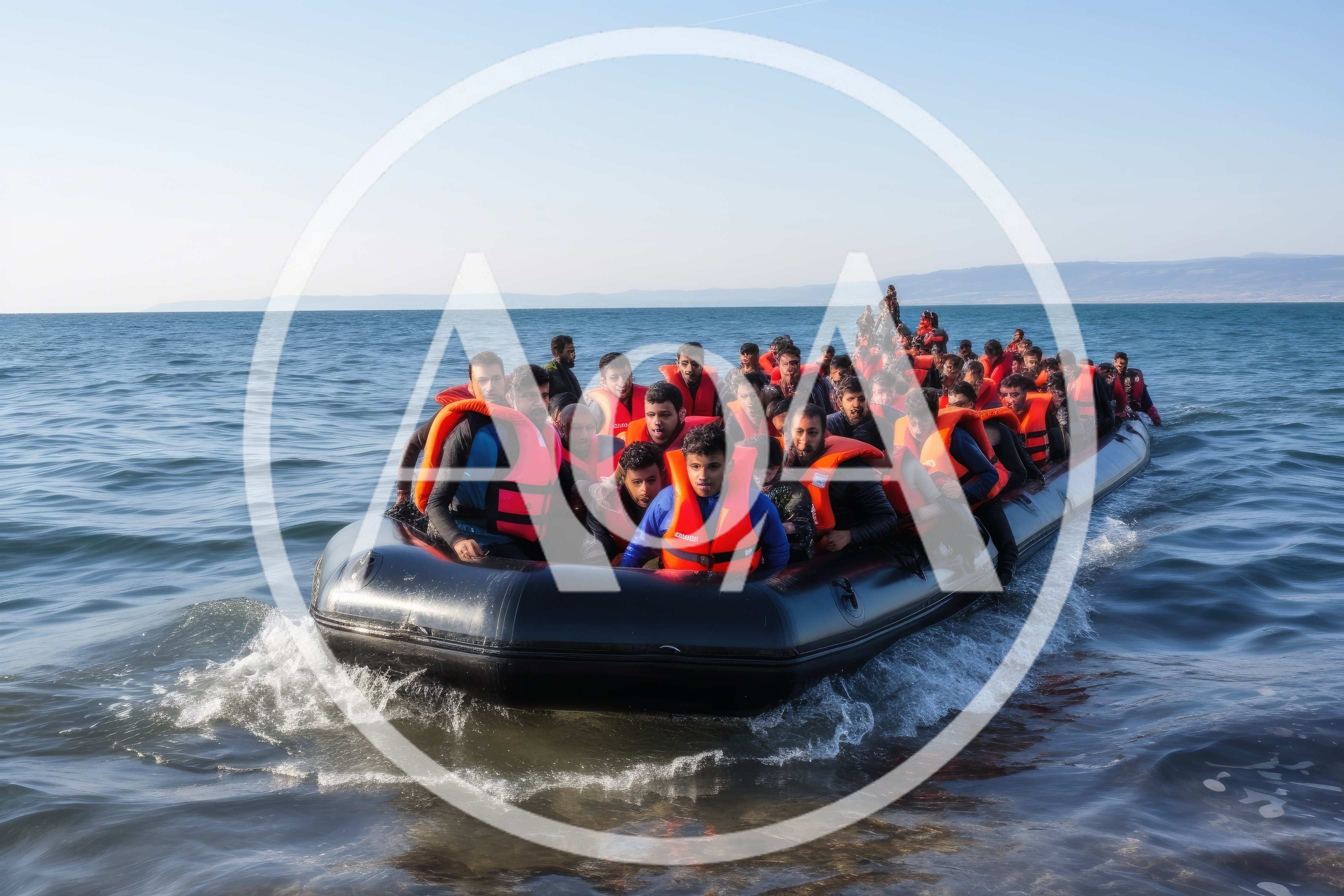 Refugees Traveling In An Inflatable Boat On The Sea