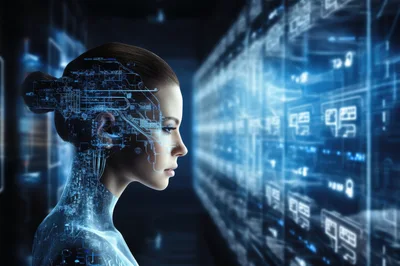Cyborg Woman Analyzing Digital Data Interface