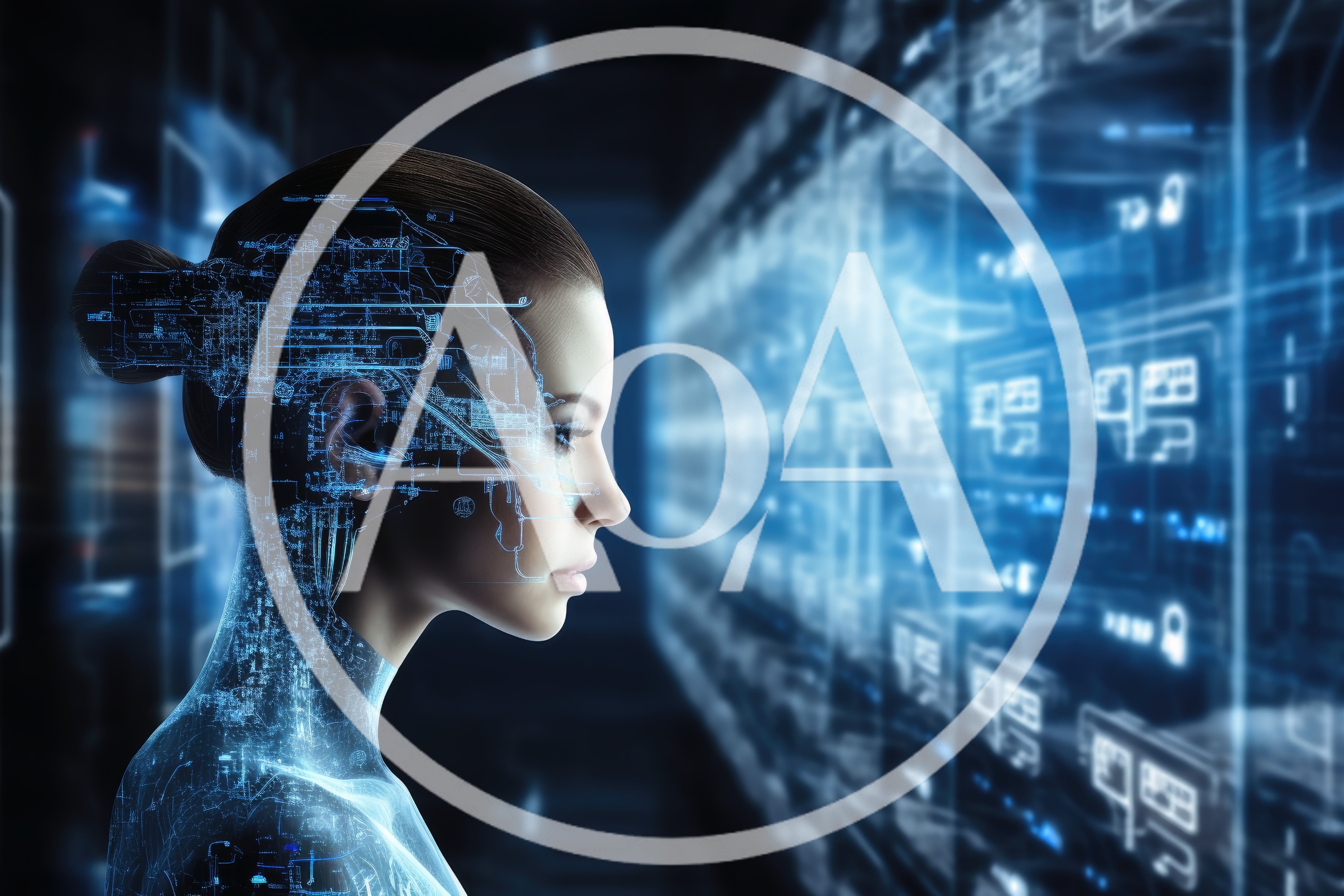 Cyborg Woman Analyzing Digital Data Interface