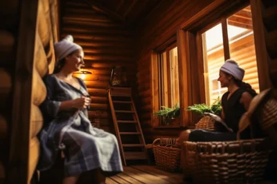 Two Women Relaxing In A Rustic Wooden Sauna