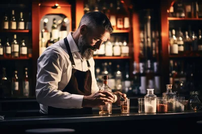 Professional Bartender Pouring Whiskey In Upscale Bar