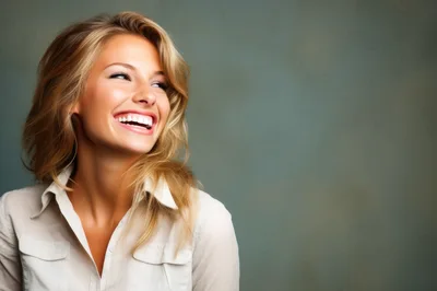 Happy Blonde Woman Laughing In Studio Portrait