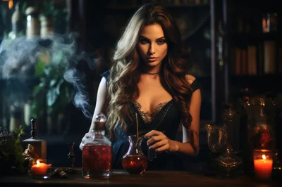 Mysterious Sorceress Preparing Potions In A Dimly Lit Laboratory