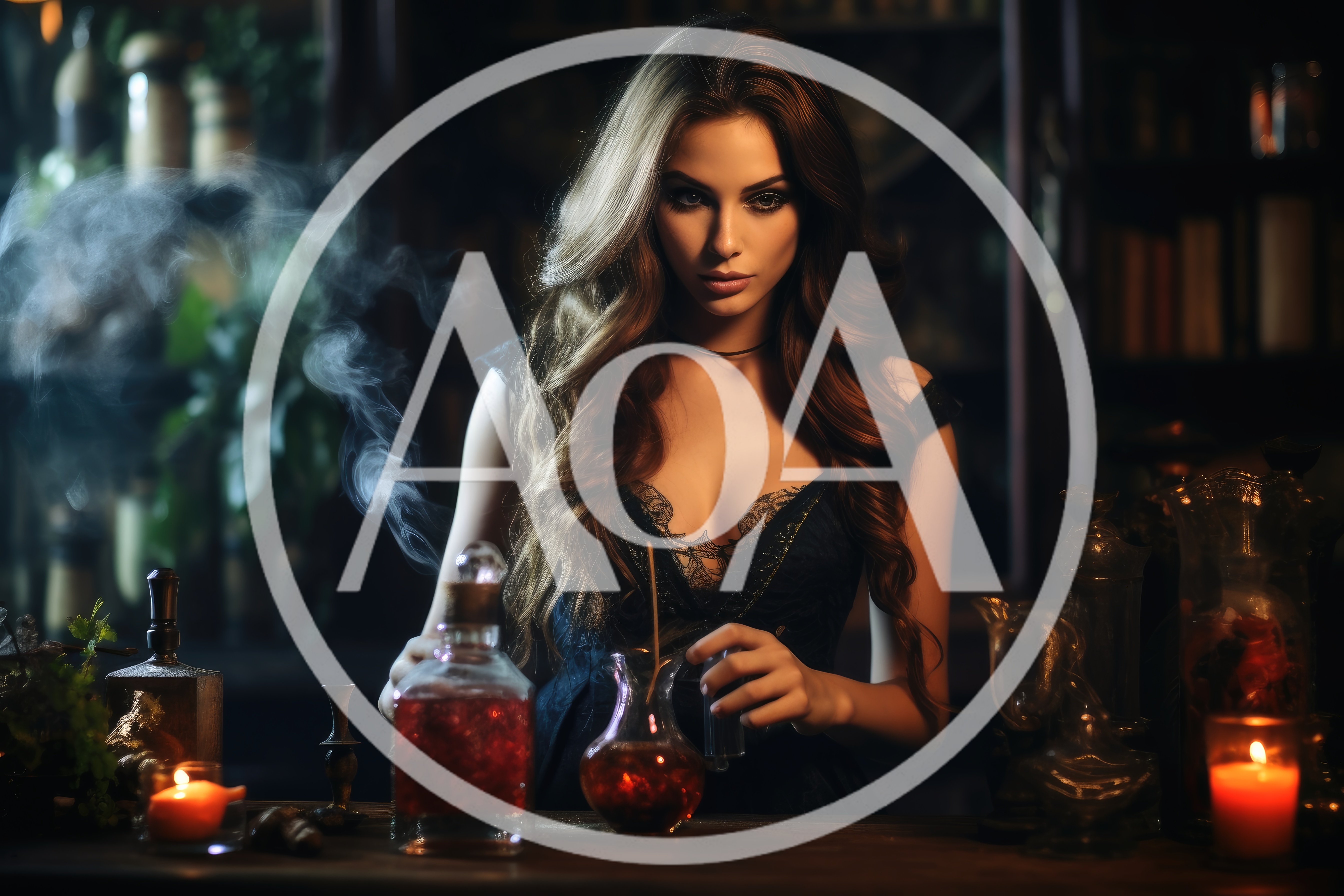 Mysterious Sorceress Preparing Potions In A Dimly Lit Laboratory