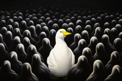 White Duck Standing Out In A Crowd Of Shadows