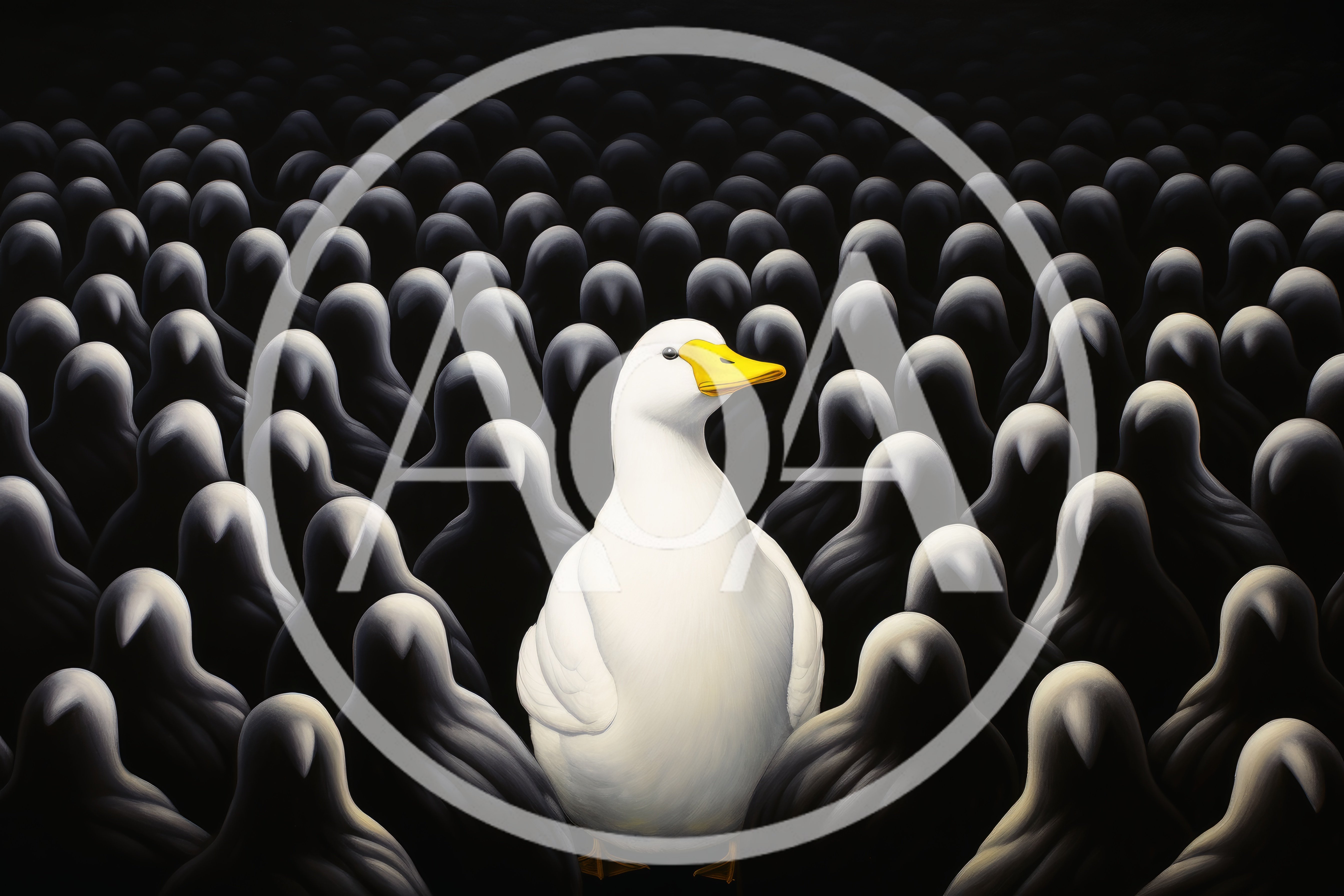 White Duck Standing Out In A Crowd Of Shadows