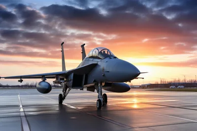 F-15 Eagle Fighter Jet Parked On Tarmac At Sunset