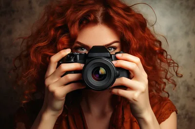 Redheaded Woman Holding A Professional DSLR Camera