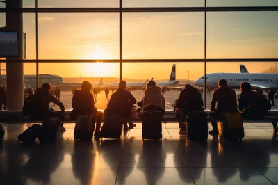 Travelers Waiting At Airport Terminal During Golden Hour