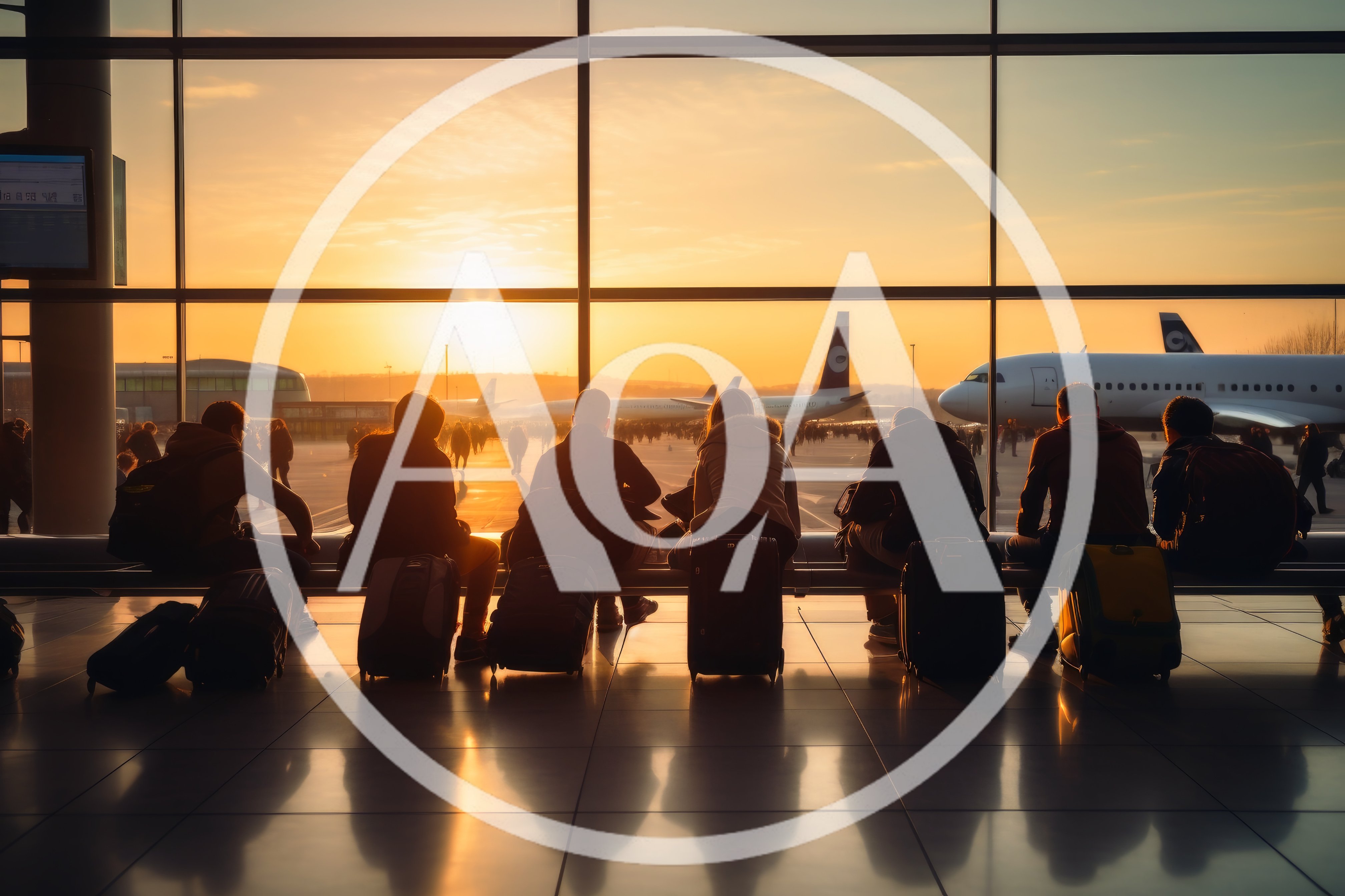 Travelers Waiting At Airport Terminal During Golden Hour