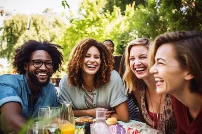 Diverse Friends Laughing Together At Outdoor Garden Party