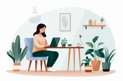 Woman Working On Laptop In A Cozy Home Office