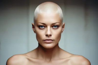 Portrait Of A Bald Woman With Blue Eyes
