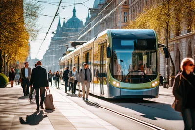 Modern Tram Arriving at a Busy City Street