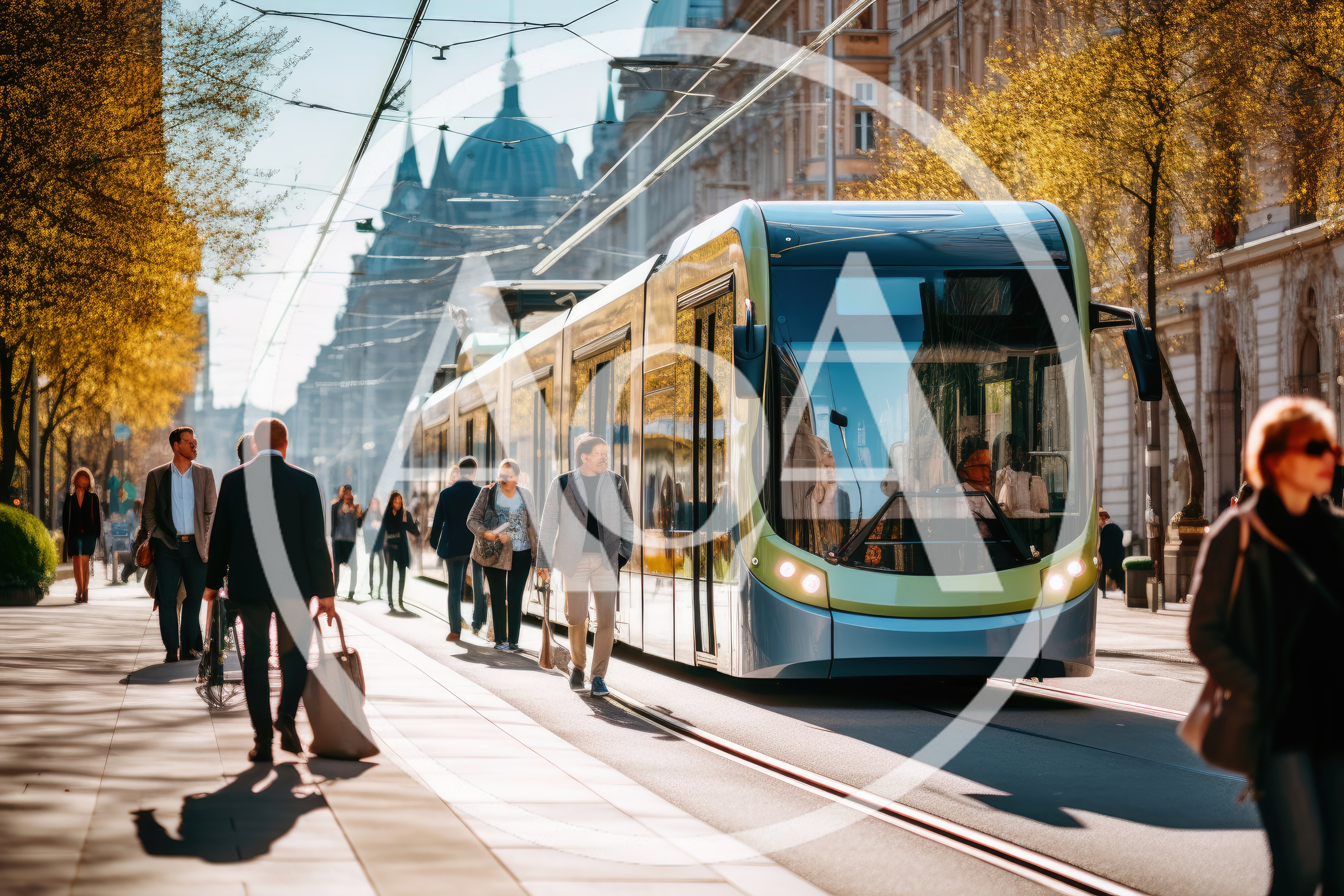 Modern Tram Arriving at a Busy City Street