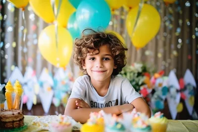 Happy Young Boy Celebrating Birthday With Cupcakes